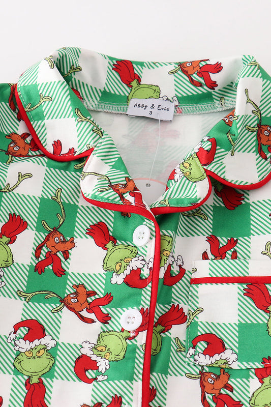 Green grinch print plaid ruffle boy pajamas set