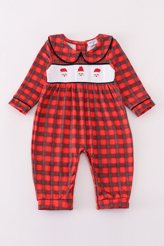 Red christmas santa embroidery smocked plaid boy bishop romper