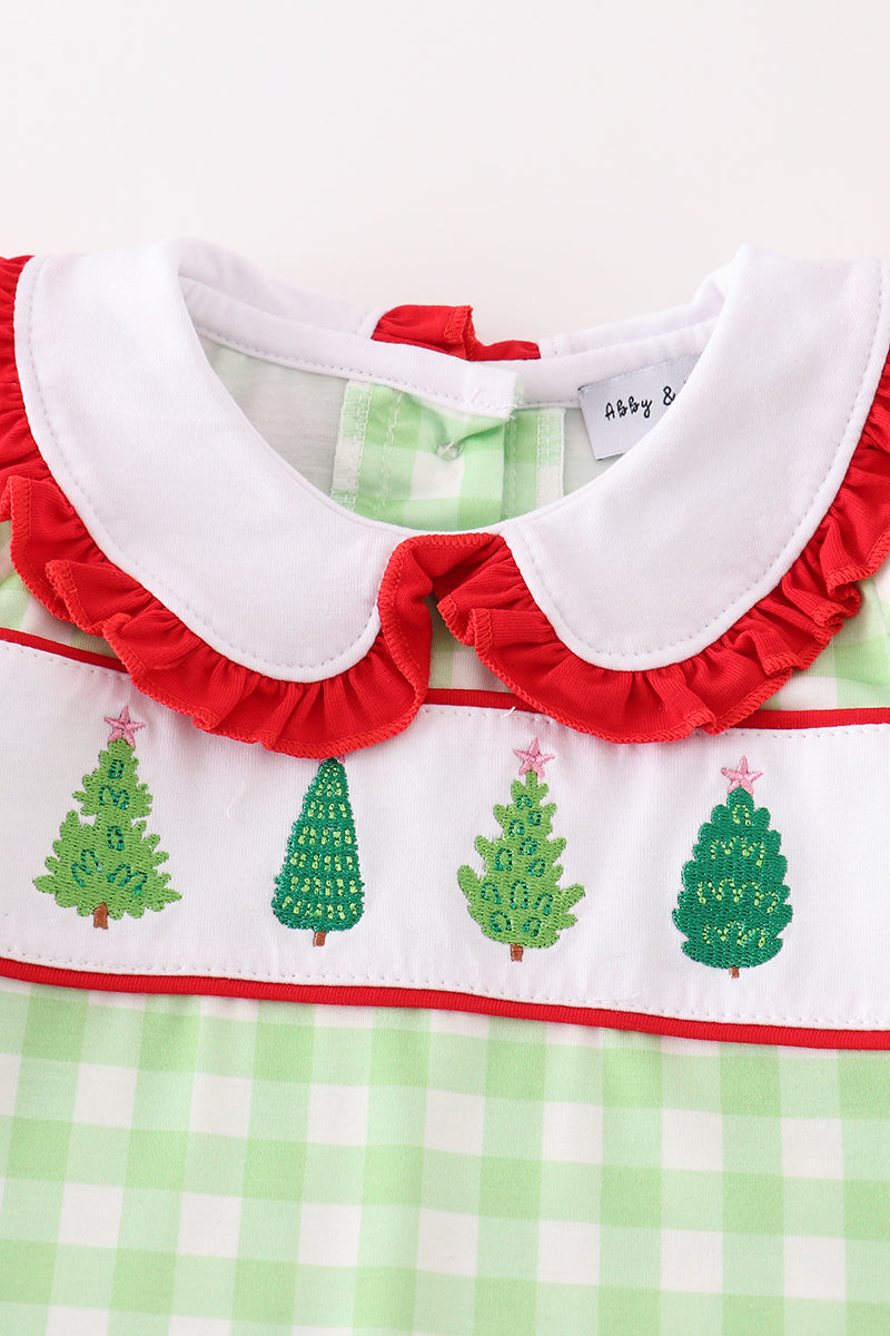 Green christmas tree embroidery girl romper