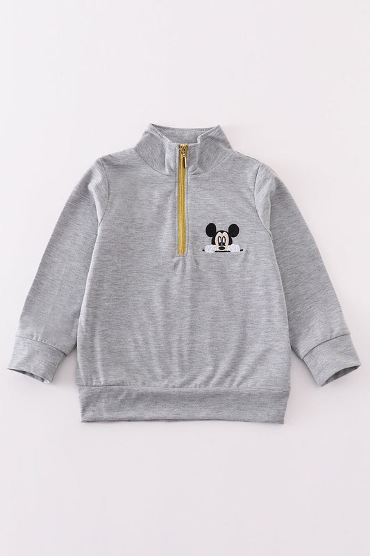 Grey character embroidery boy zipper pullover