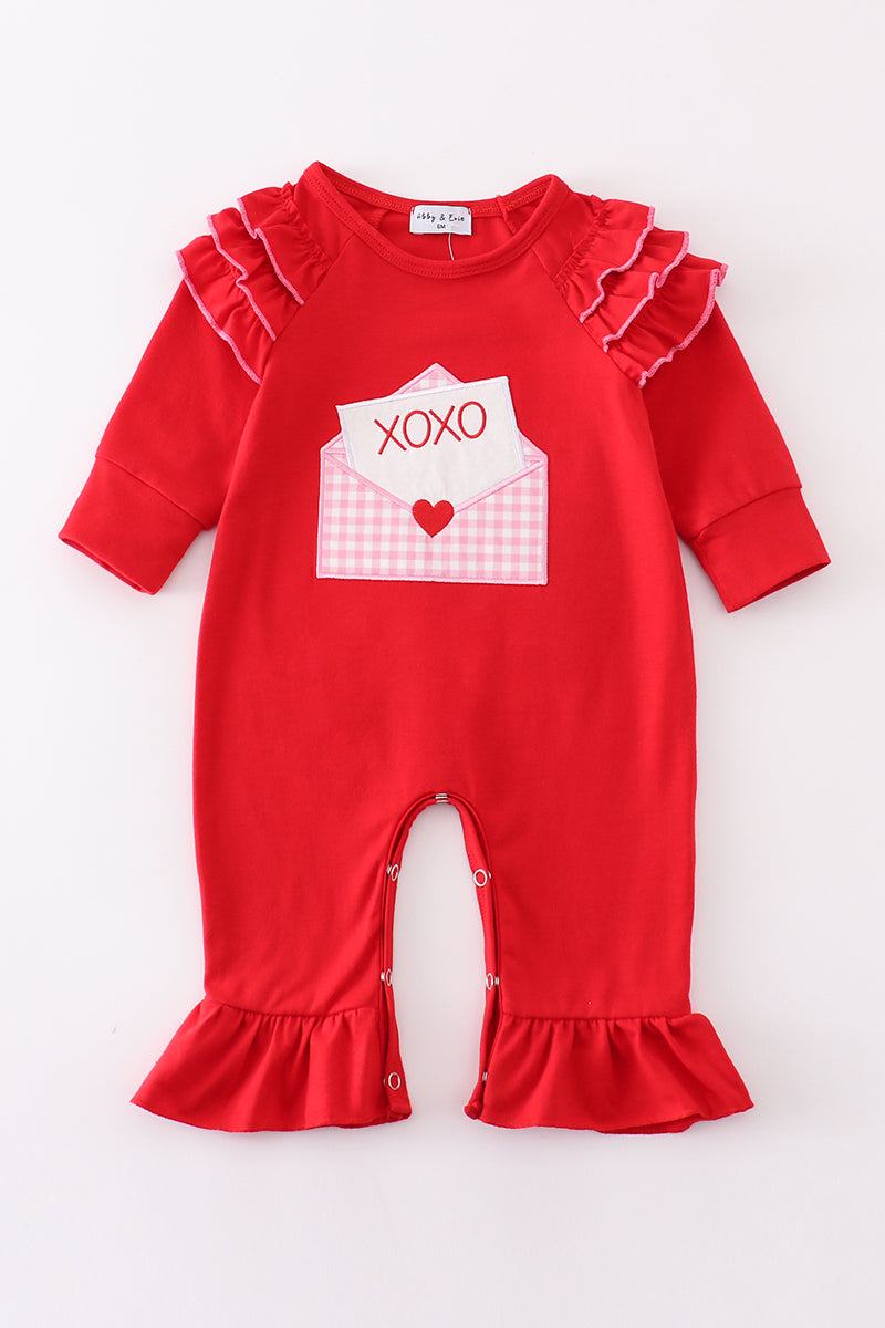 Red valentine XOXO applique girl romper