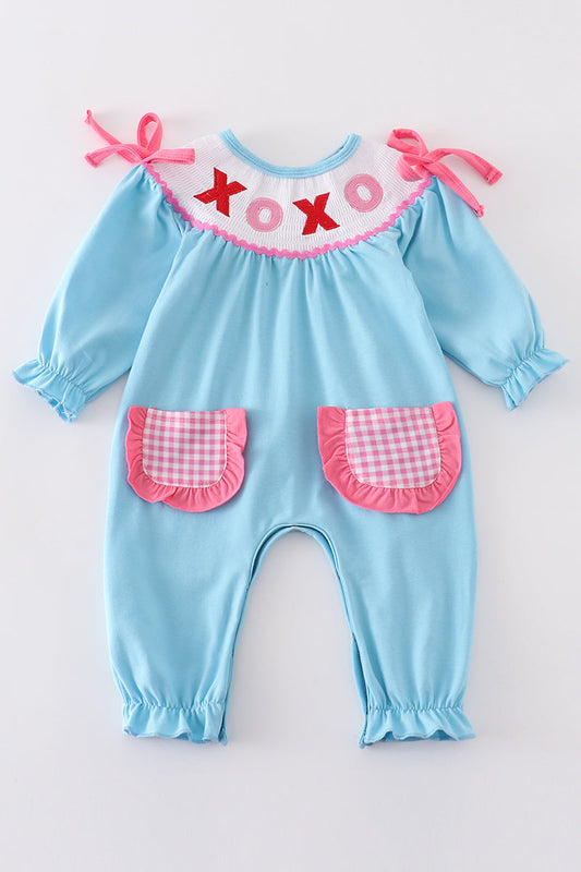 Blue valentine XOXO smocked girl romper