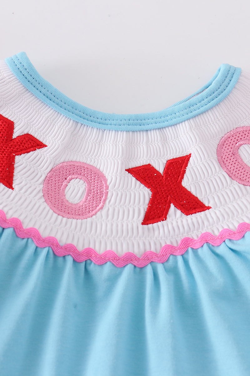 Blue valentine XOXO smocked girl romper