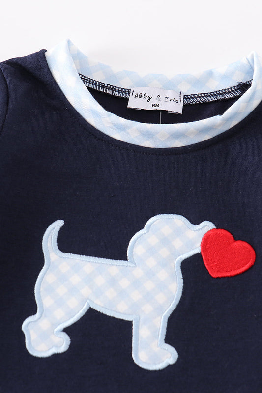 Navy valentine puppy heart applique boy romper