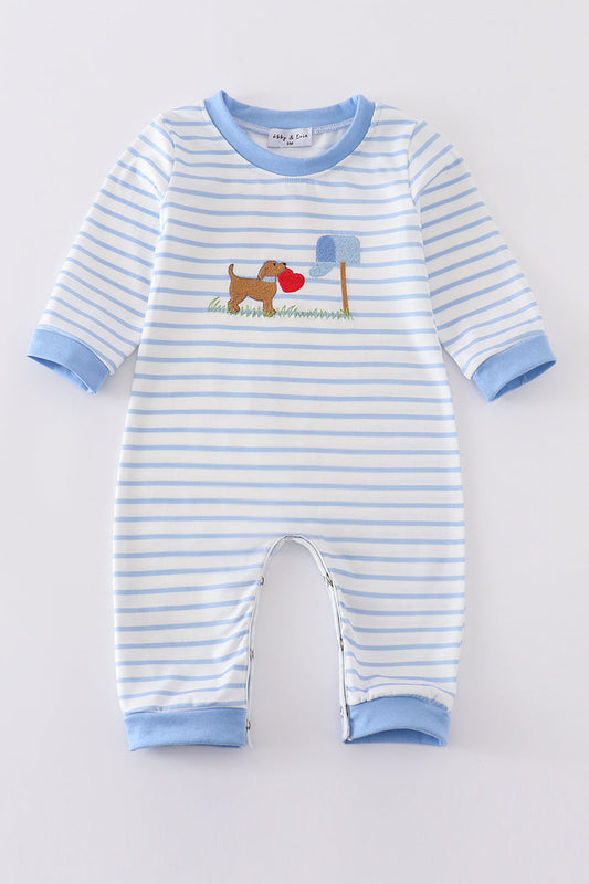 Blue valentine puppy embroidery boy romper