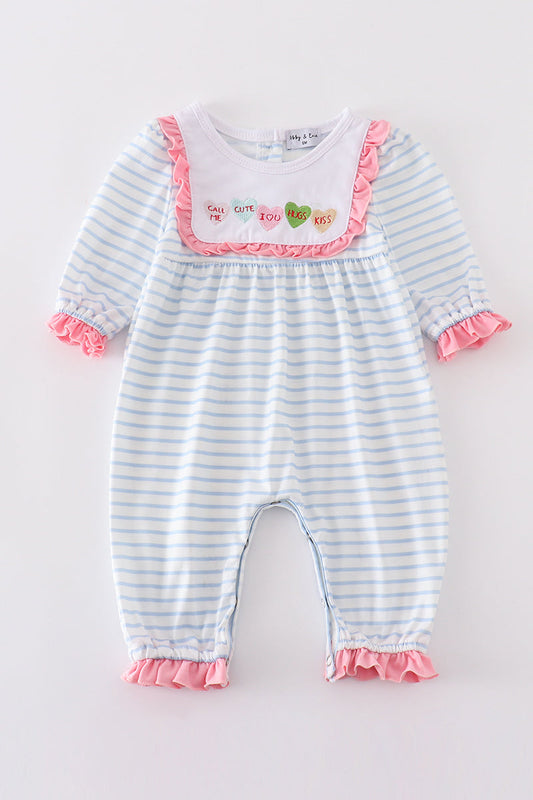 Blue stripe valentine heart embroidery girl romper