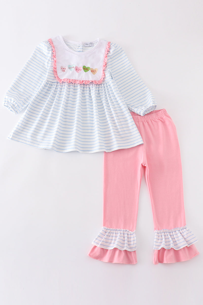 Blue stripe valentine heart embroidery girl set