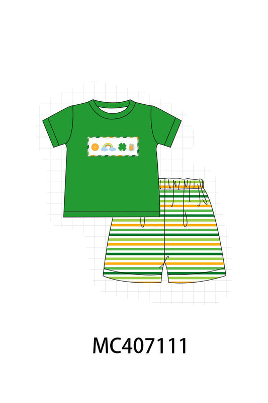 Green clover rainbow embroidery boy set