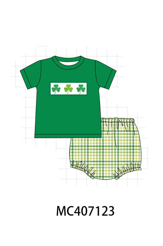 Green lucky clover embroidery boy bloomer set