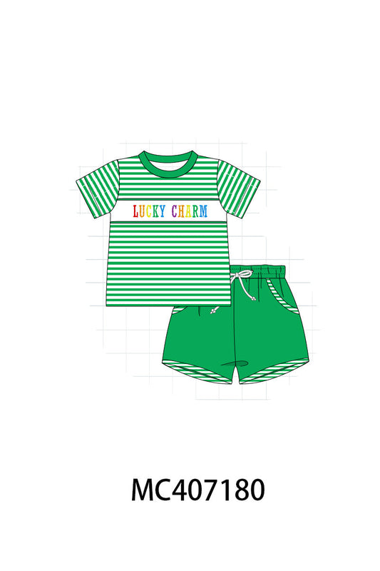 Green stripe lucky charm french knot boy set