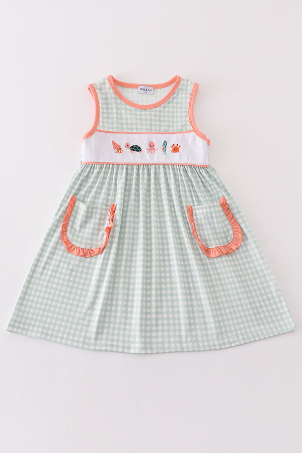 Coral & sage marine creature embroidery girl dress
