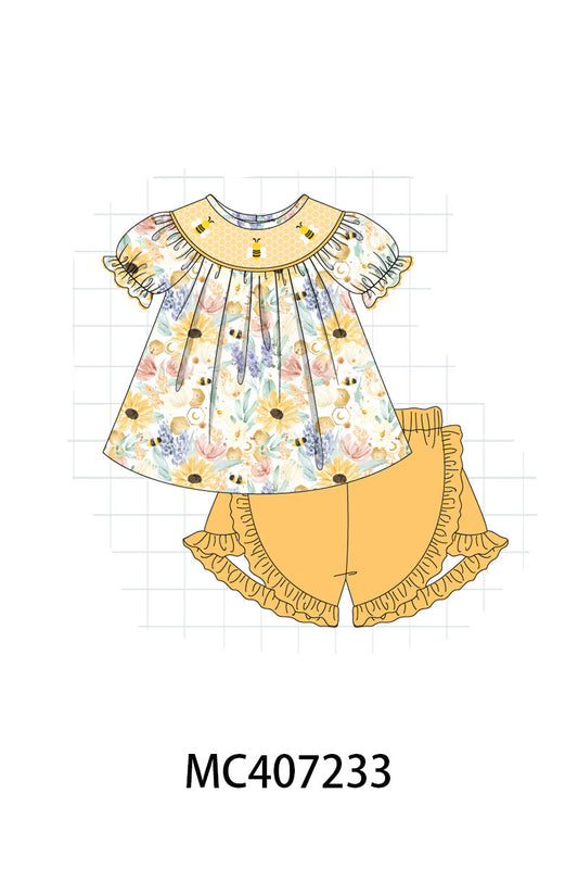 Yellow bee embroidery girl set