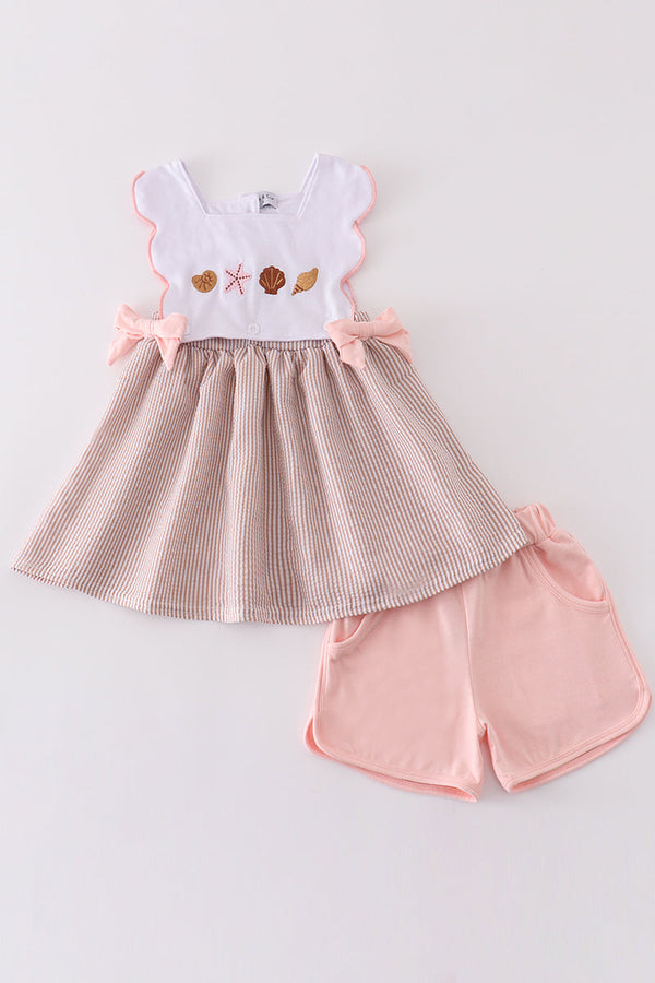 Brown seersucker starfish shell embroidery girl set