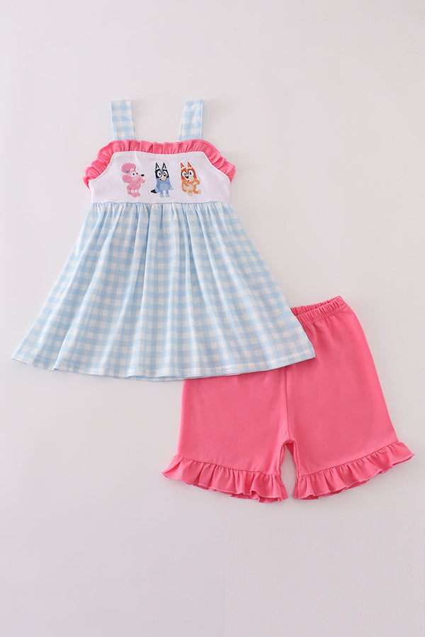Blue character embroidery shorts set