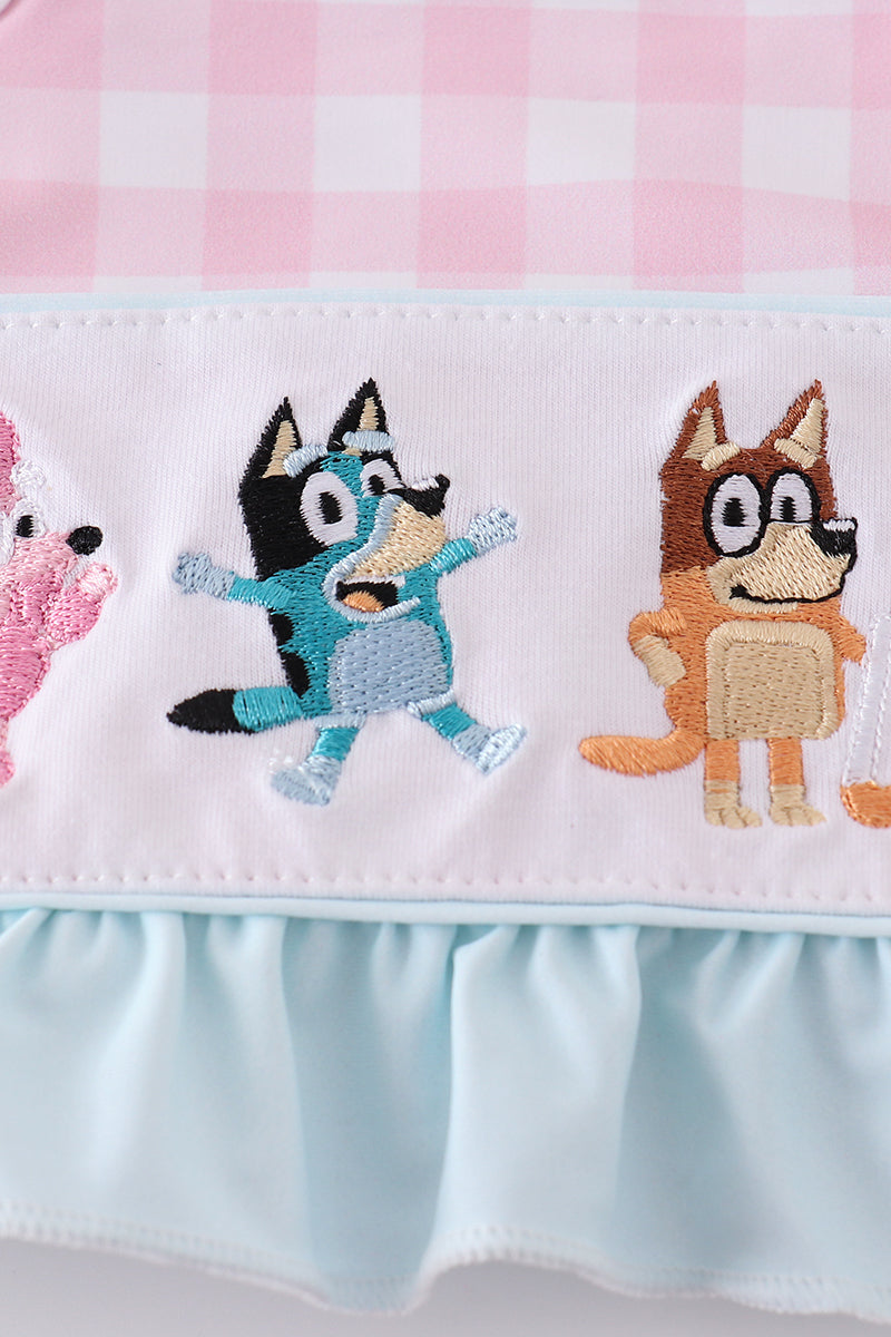 Pink character embroidery girl 2pc swimsuit