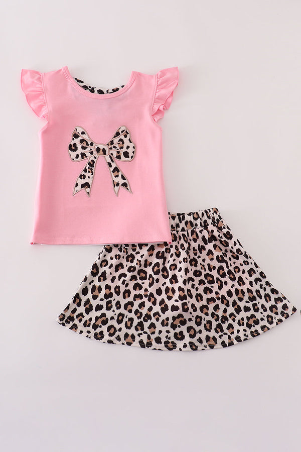 Pink leopard bow applique active skorts set
