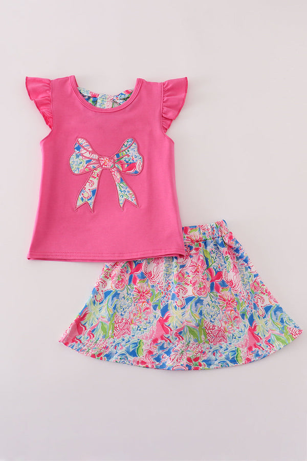 Hot pink floral bow applique active skorts set