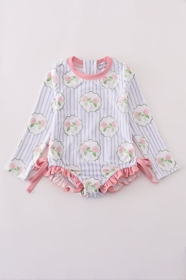 Floral stripe long sleeve swimsuit UPF50+