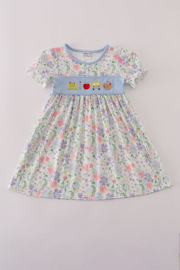 Floral print crayon apple embroidery ruffle dress