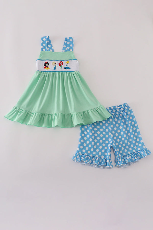 Blue dot character embroidery smocked shorts set