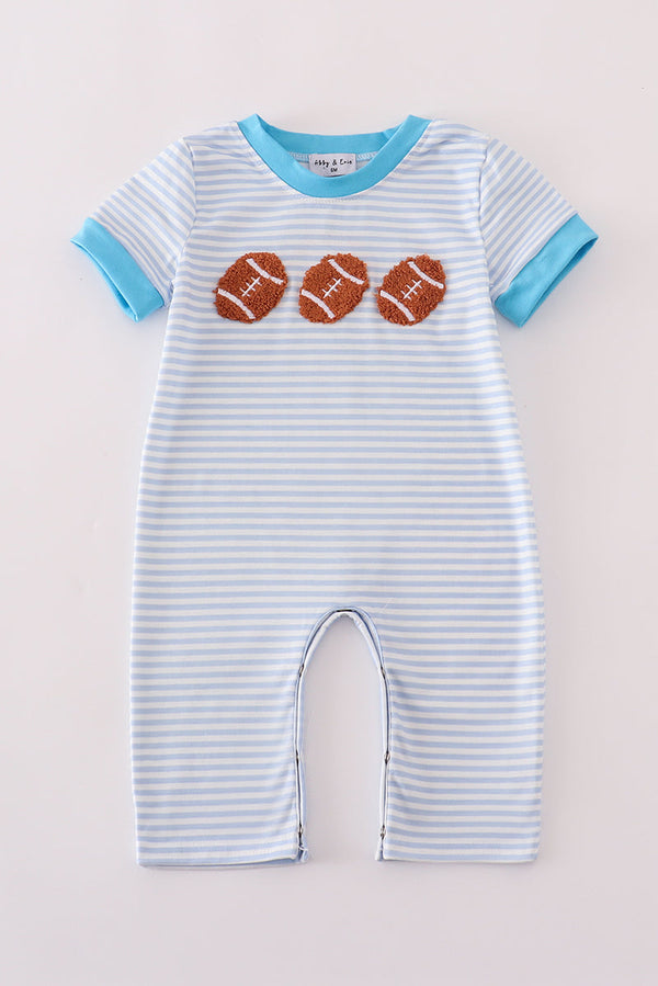 Blue football french knot stripe romper