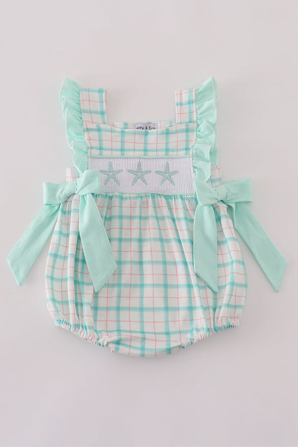 Green starfish embroidery smocked ruffle bubble