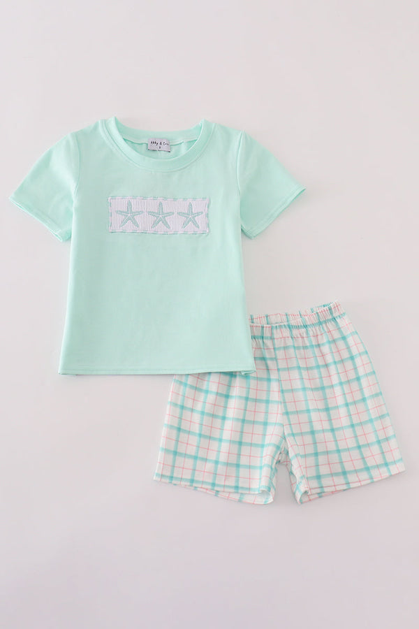 Green starfish embroidery smocked shorts set