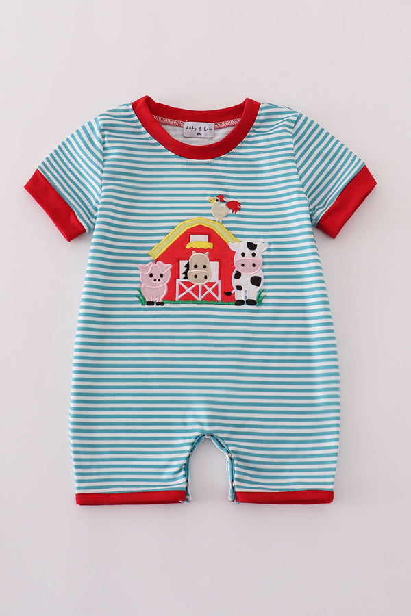 Blue stripe farm applique romper