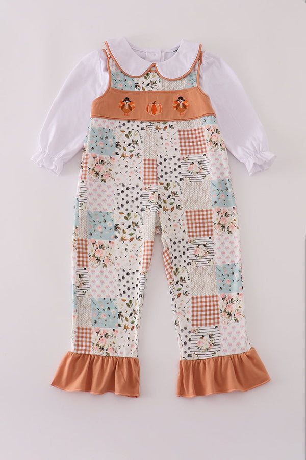 Fall floral print turkey pumpkin embroidery 2pc set