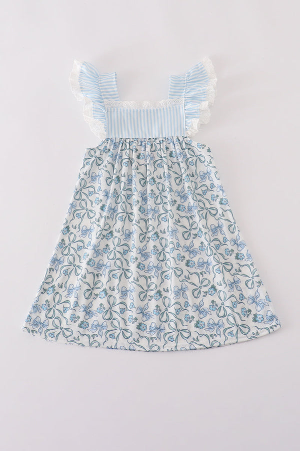 Blue bow & lace print ruffle dress