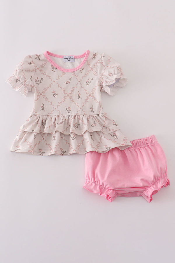 Pink floral print ruffle bloomer set