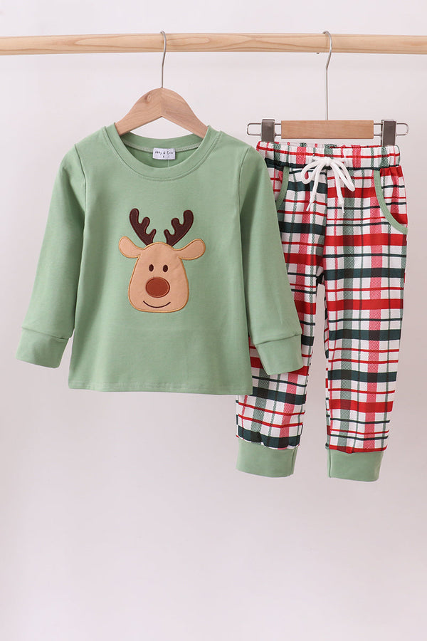 Green christmas reindeer applique plaid pants set