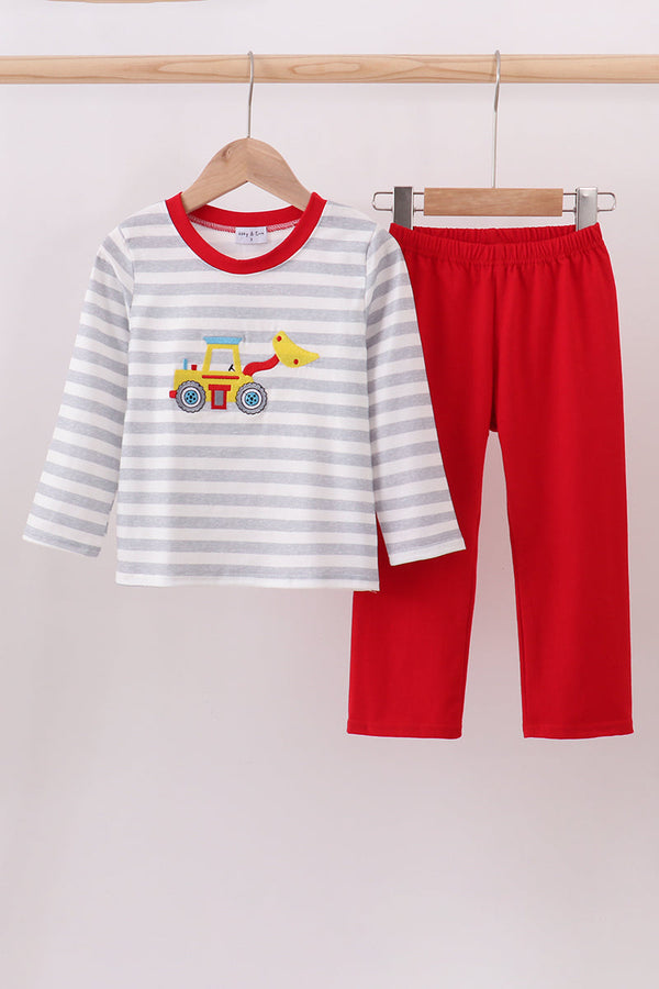 Red stripe excavator applique pants set
