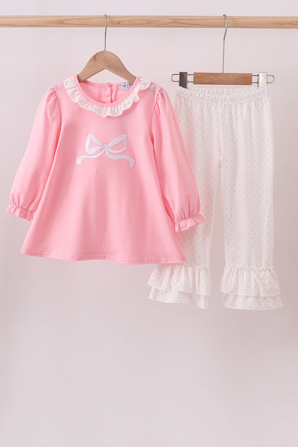 Pink bow embroidery ruffle pants set