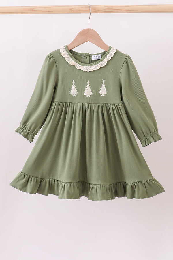 Green christmas tree ribbon embroidery ruffle dress