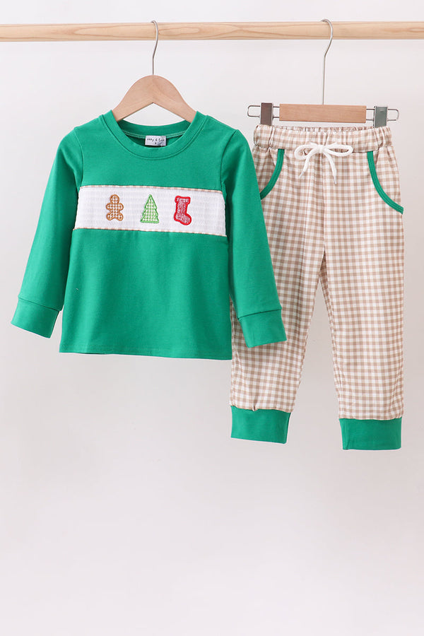 Green gingerbread smocked pants set