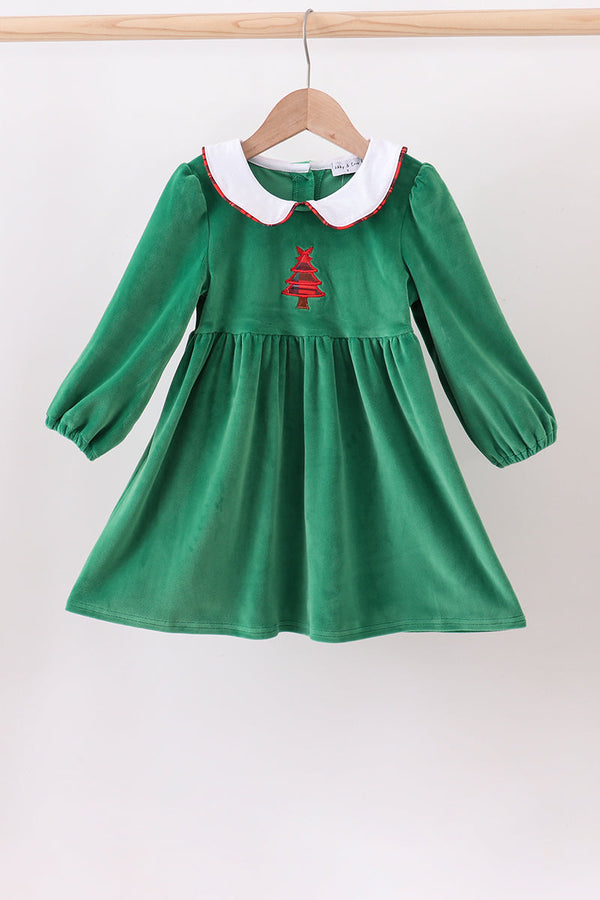 Green christmas tree applique velvet dress