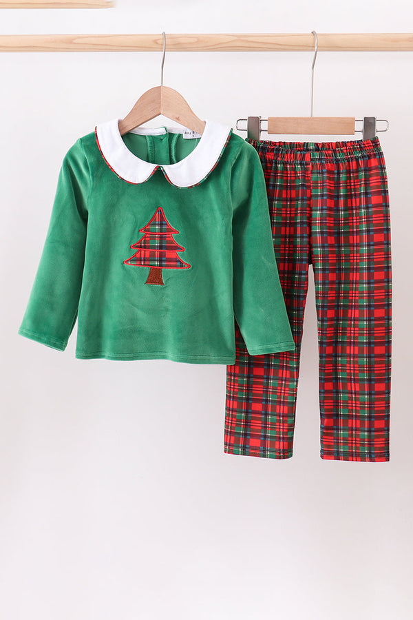 Green christmas tree applique pants set