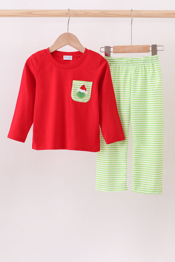 Green christmas grinch embroidery stripe pants set