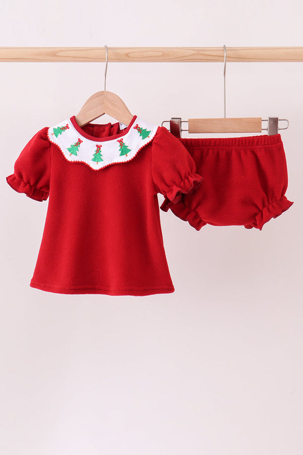 Red christmas tree embroidery fleece bloomer set