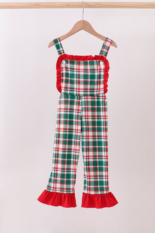 Green plaid ruffle jumpsuit