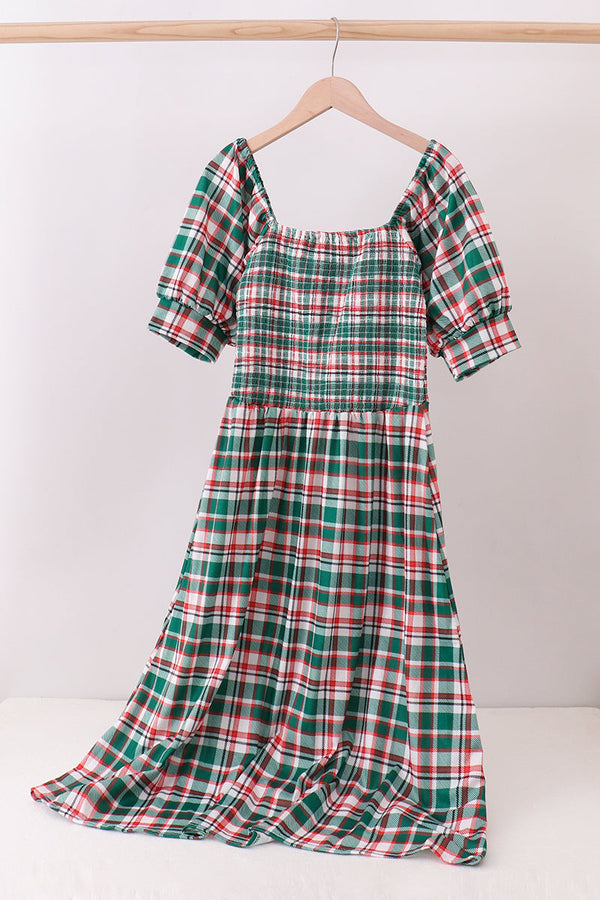 Green plaid smocked mom dress