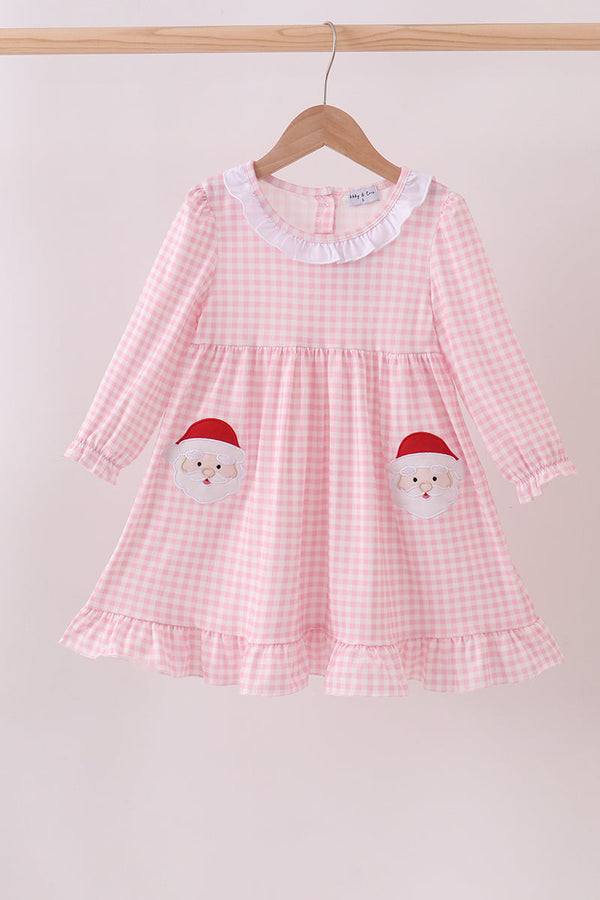 Pink santa claus applique ruffle dress