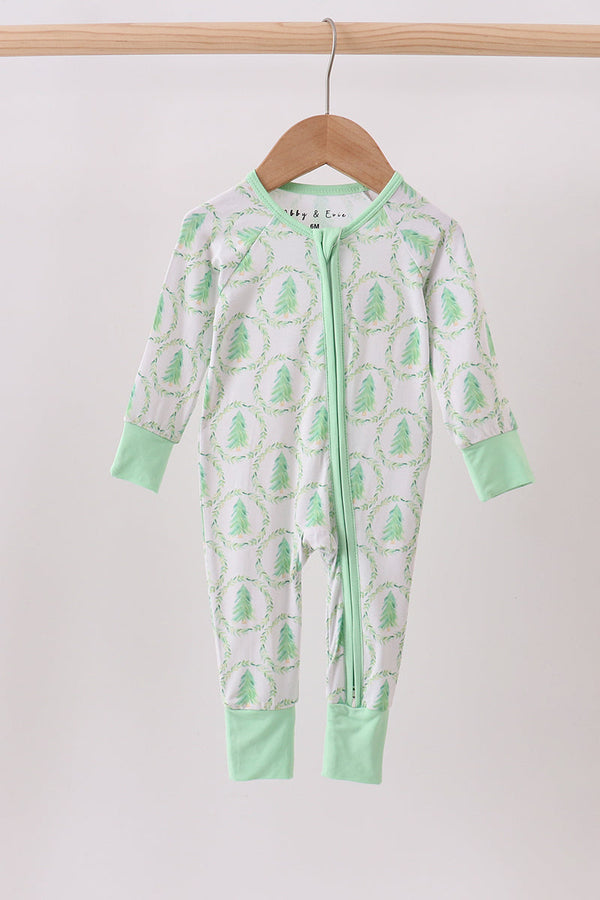Green christmas tree bamboo zipper romper