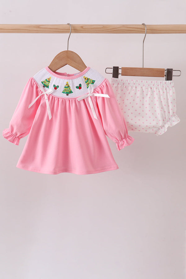 Pink christmas tree smocked bloomer set