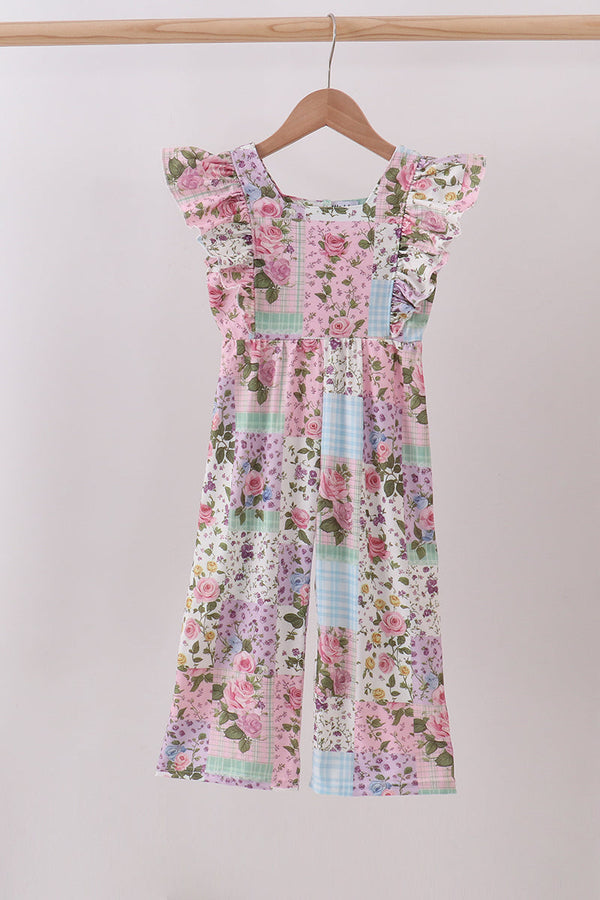 Purple floral checkered ruffle jumpsuit
