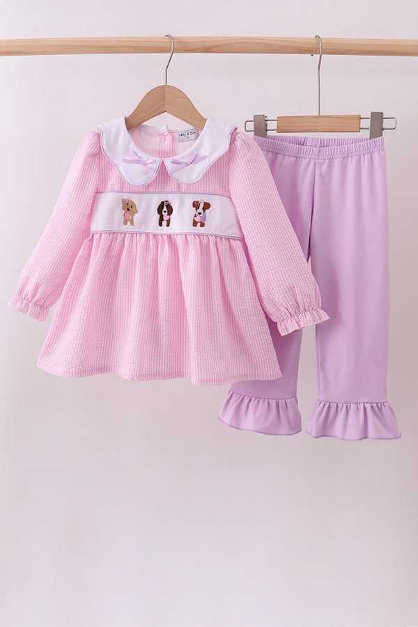Pink puppy embroidery seersucker ruffle pants set