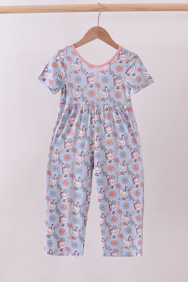 Blue chicken floral print pajama jumpsuit