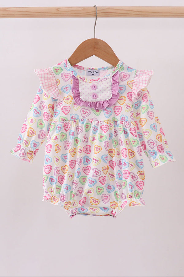 Purple heart print ruffle bubble