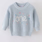 Blue hand-embroidery one&two pullover sweater